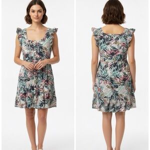 Tropical Palm Leaf Print Ruffle Sleeve Mini Dress | Button-Front Boho Summer XL